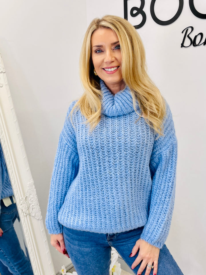 LADIES WOMENS BLUE CHUNKY KNIT JUMPER SWEATER