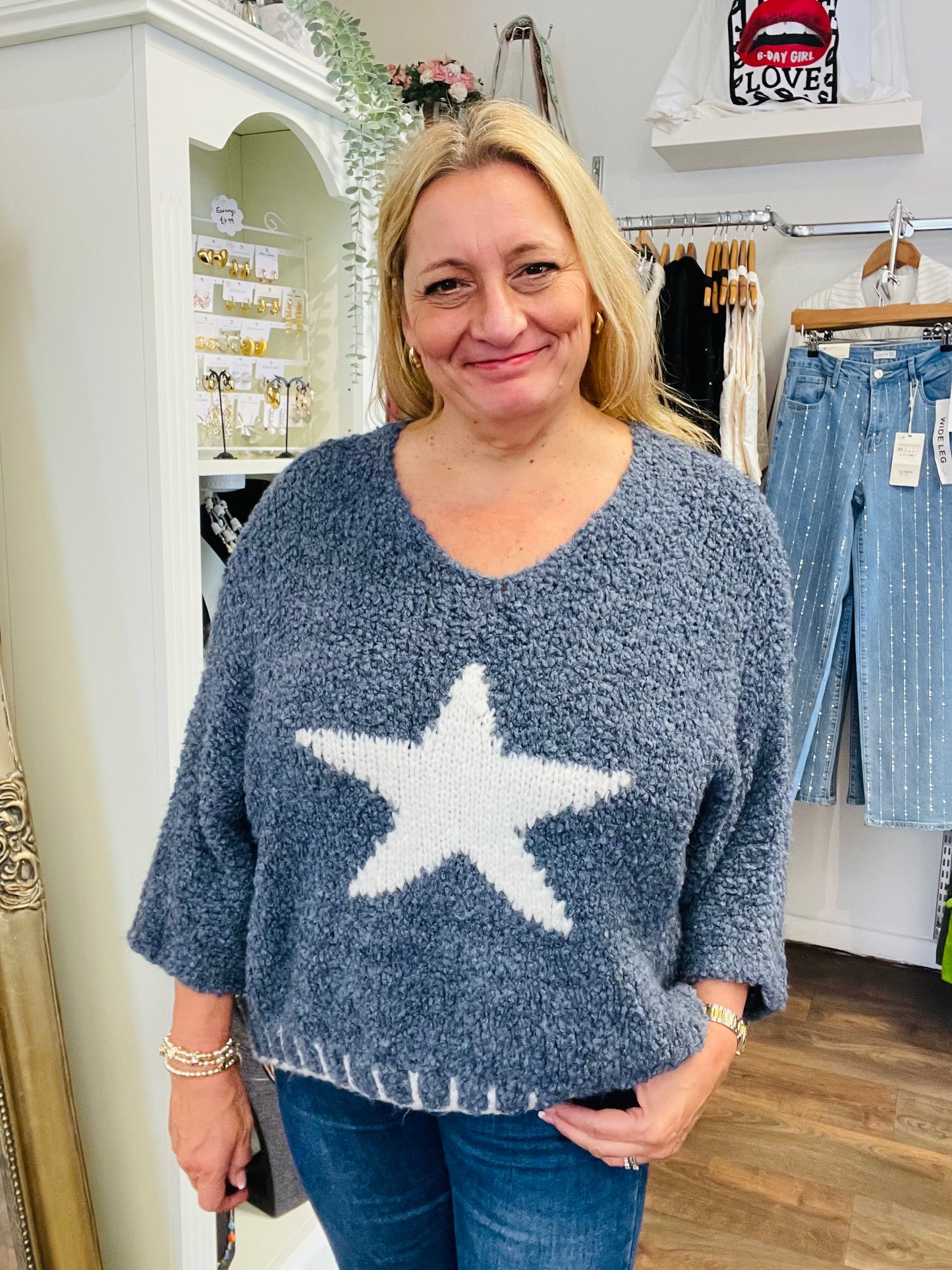 LADIES WOMENS POPCORN KNIT DENIM BLUE STAR JUMPER SWEATER