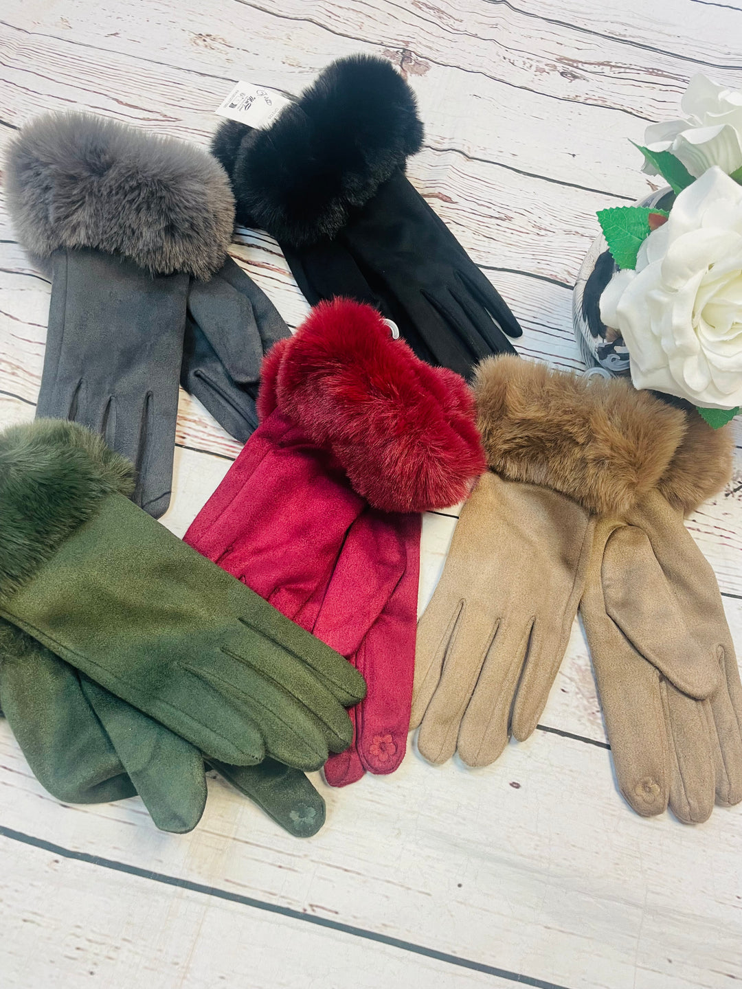 LADIES WOMENS FAUX SUEDE AND FAUX FUR TRIM GLOVES