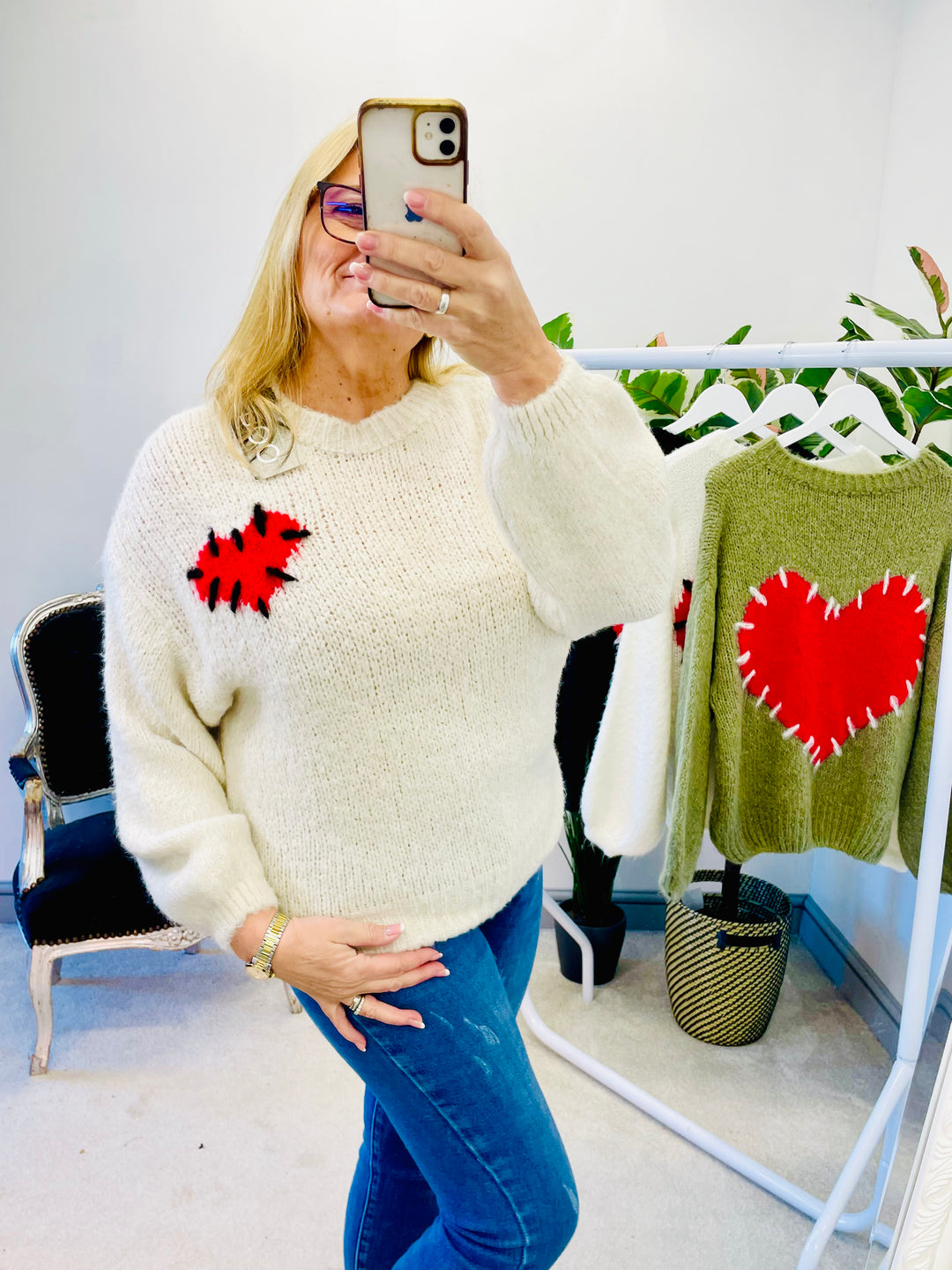 LADIES WOMENS CREAM CHUNKY THICK KNIT HEART JUMPER SWEATER