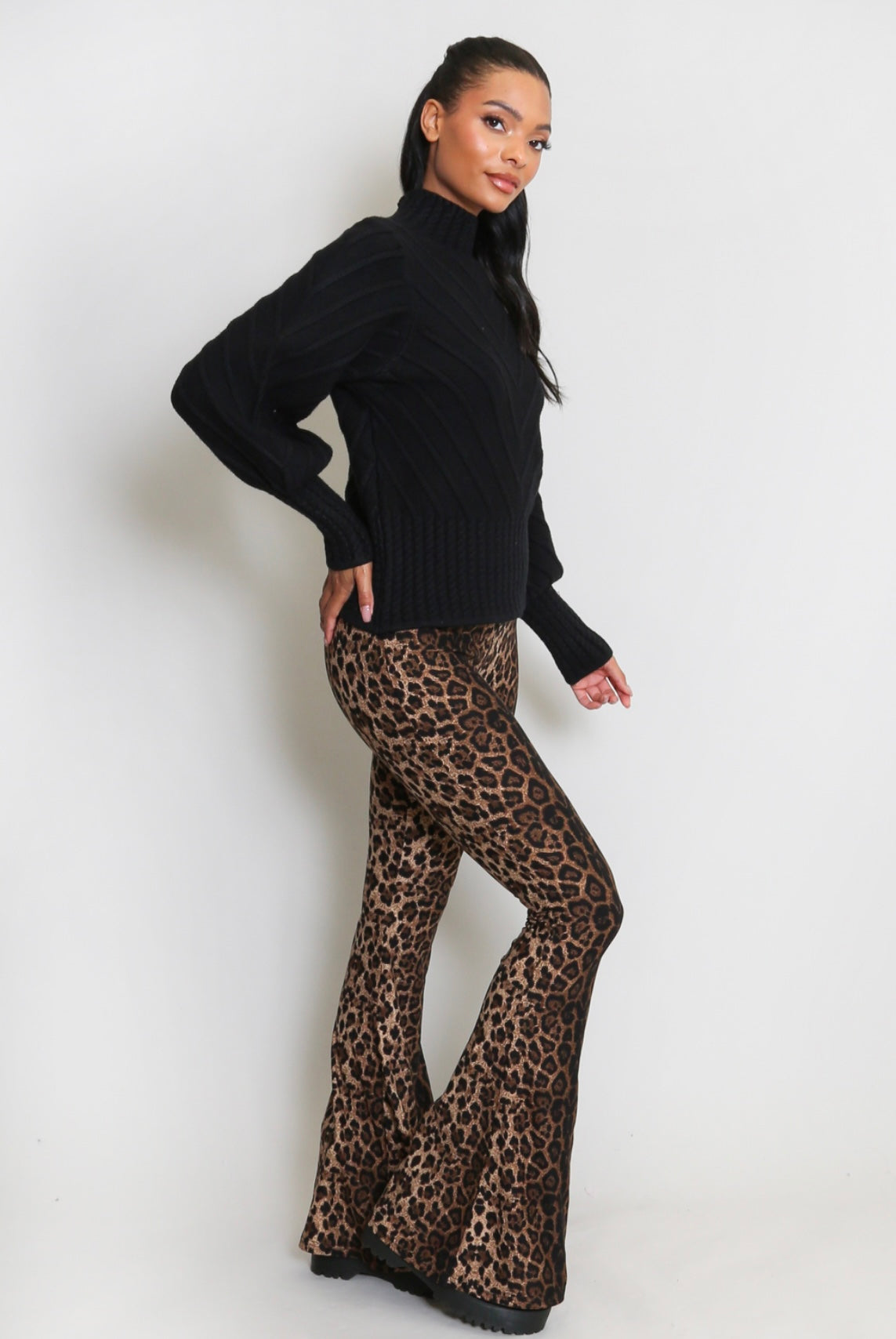 LADIES WOMENS LYCRA LEOPARD PRINT FLARED LEGGINGS