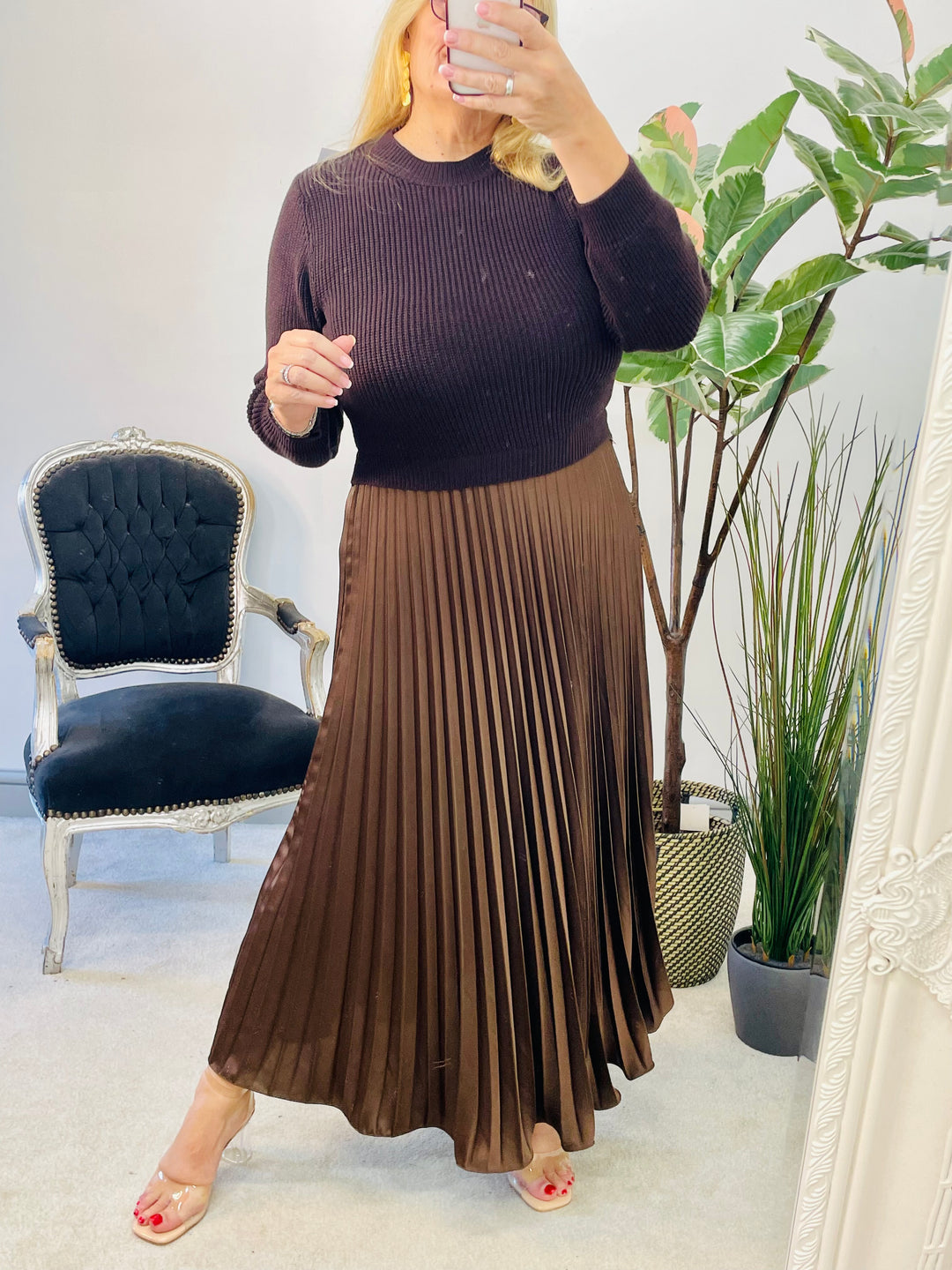 LADIES WOMENS CHOCOLATE BROWN SATIN PLEATED SKIRT JUMPER TOP DRESS