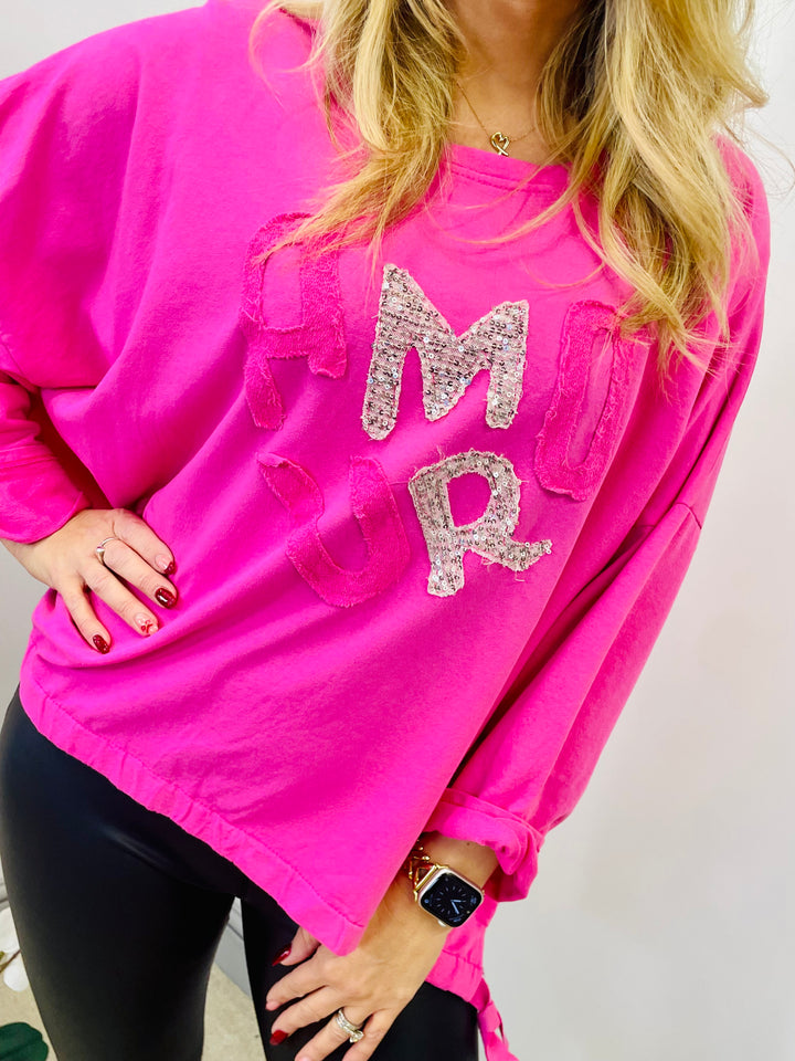 LADIES WOMENS HOT PINK AMOUR SWEATSHIRT TOP