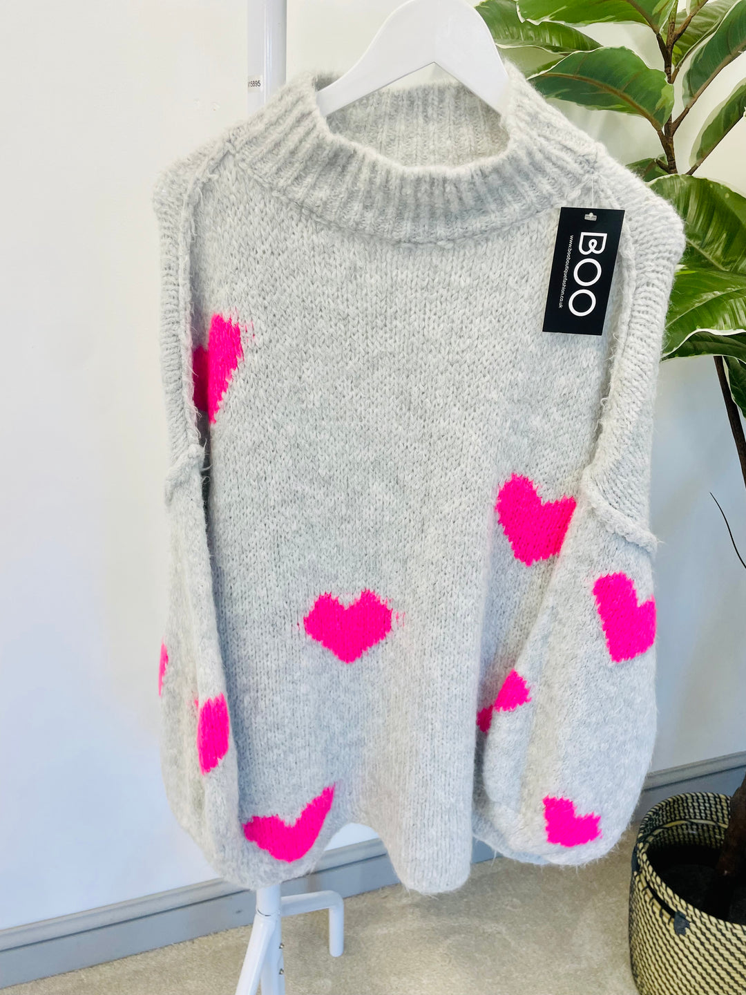 LADIES WOMENS GREY PINK THICK CHUNKY OVERSIZE KNIT HEART JUMPER