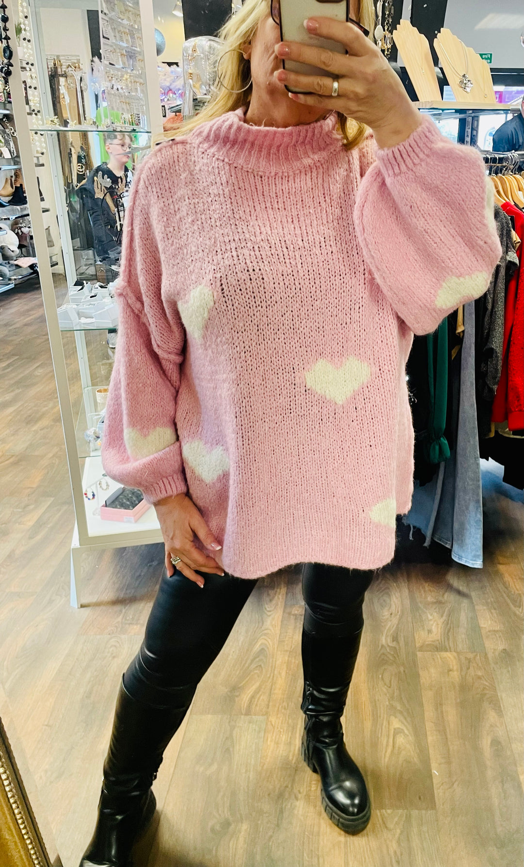 LADIES WOMENS PINK OVERSIZE CHUNKY KNIT HEART JUMPER SWEATER