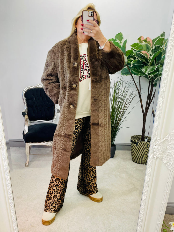 LADIES WOMENS LUXURY BROWN FAUX FUR COAT COATIGAN JACKET