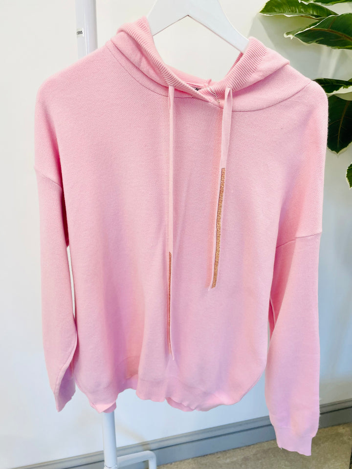 LADIES WOMENS PINK SOFT KNITTED HOODIE STYLE JUMPER SWEATER