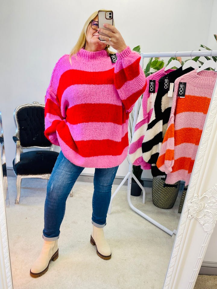 CHUNKY KNIT PINK AND RED STRIPE OVERSIZE JUMPER