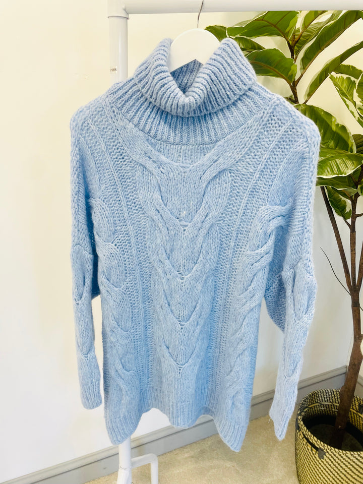 LADIES WOMENS BLUE CHUNKY CABLE KNIT JUMPER SWEATER