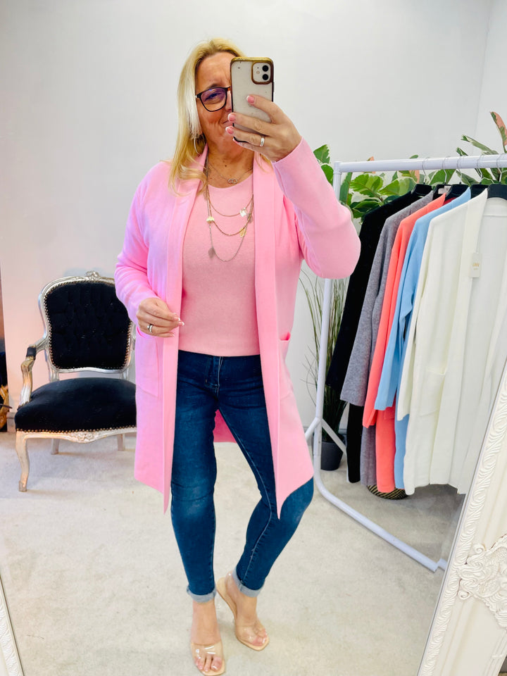 LADIES WOMENS PINK LONGLINE SOFT KNIT SPRING CARDIGAN