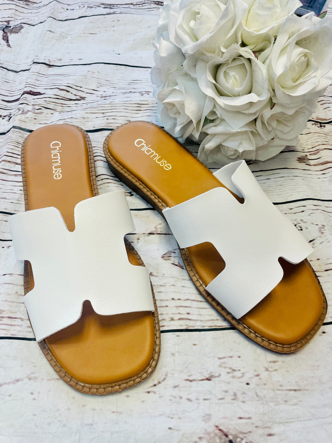 LADIES WOMENS WHITE FLAT H INSPIRED SLIDER SANDALS