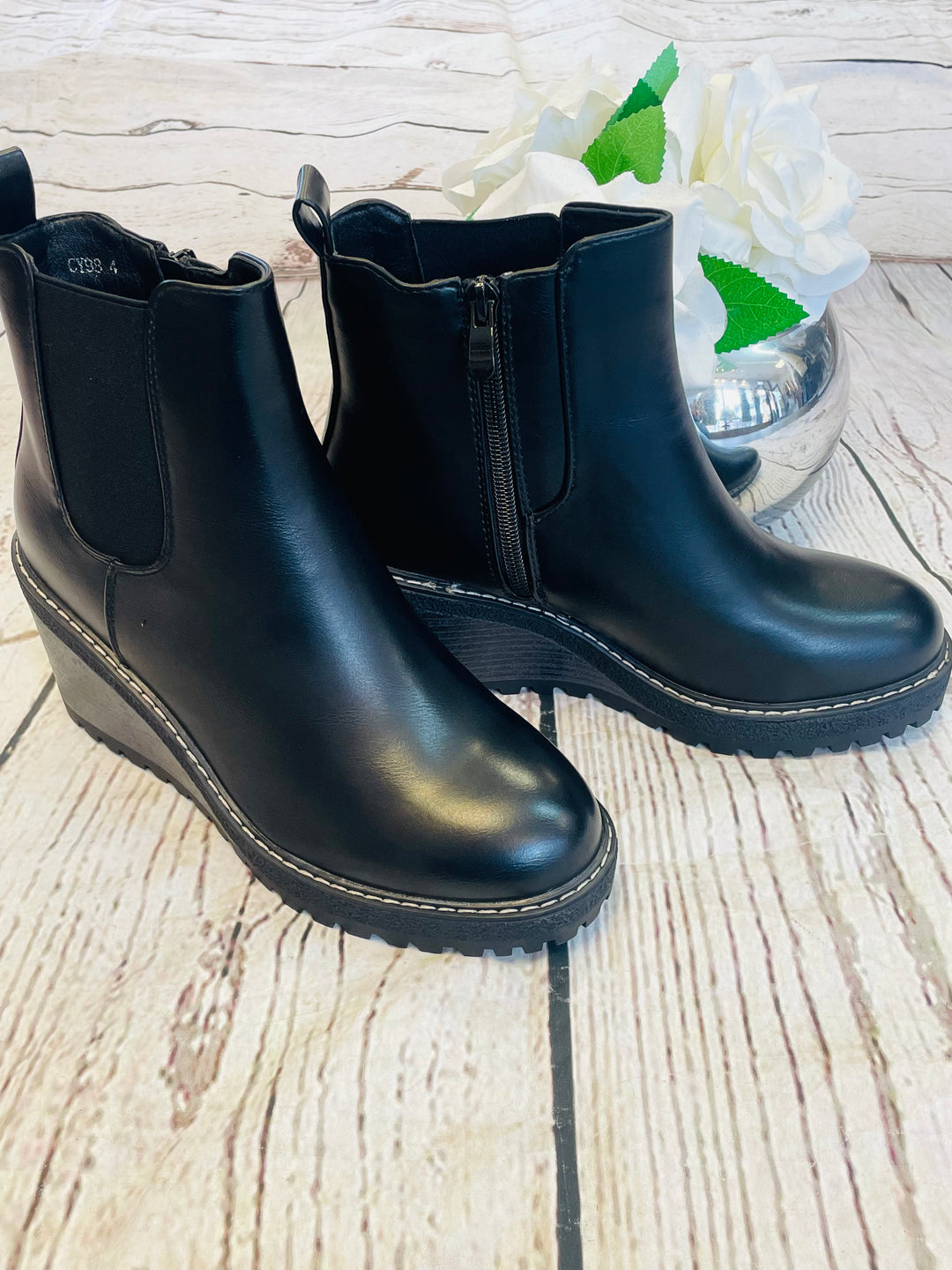 BLACK WEDGE HEEL ANKLE BOOTS ( CY98 ) size 7 and 8 only