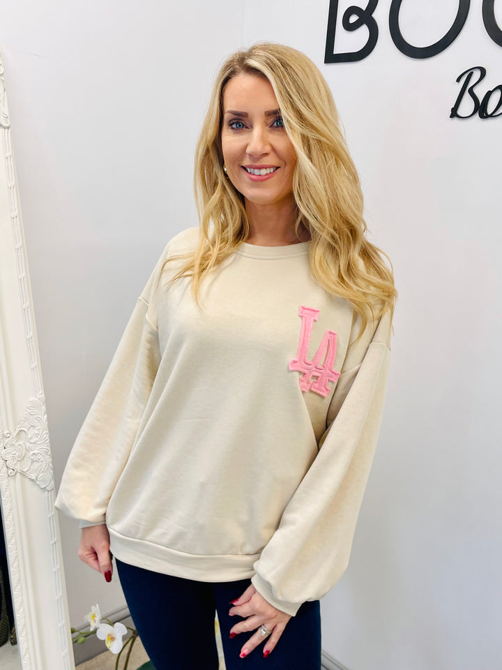 LADIES WOMENS BEIGE LA SWEATSHIRT TOP