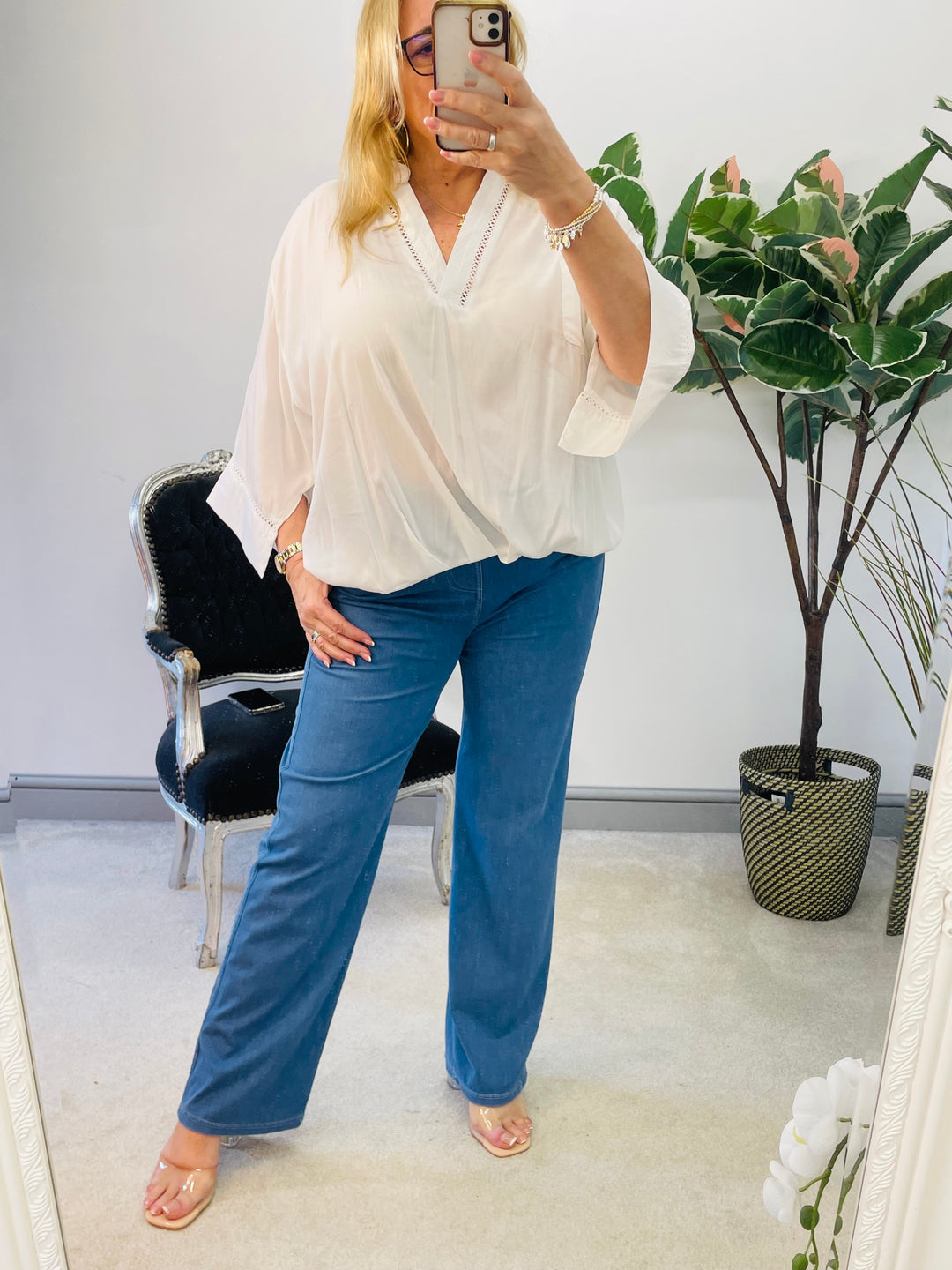 The PEONY light denim wide leg joggy trousers