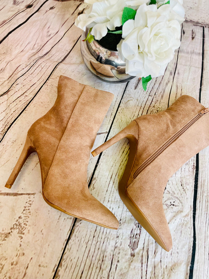 LADIES BEIGE SEXY STILETTO HEEL ANKLE BOOTS