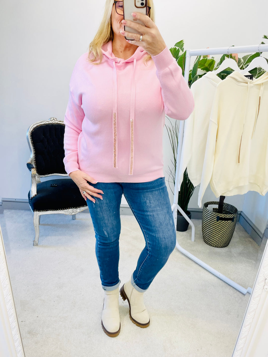 LADIES WOMENS PINK SOFT KNITTED HOODIE STYLE JUMPER SWEATER