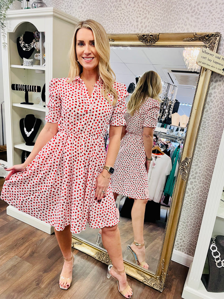 LADIES WOMENS WHITE AND RED HEART PRINT SPRING SUMMER SKATER TEA DRESS