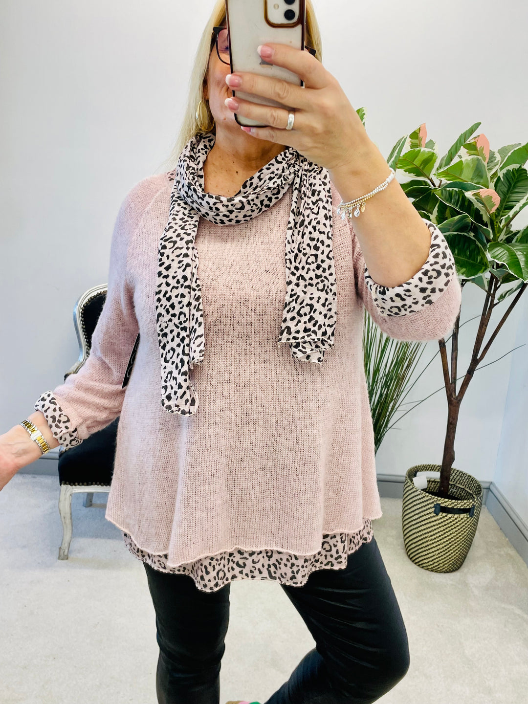 LADIES WOMENS PINK ANIMAL PRINT TOP AND SCARF SET