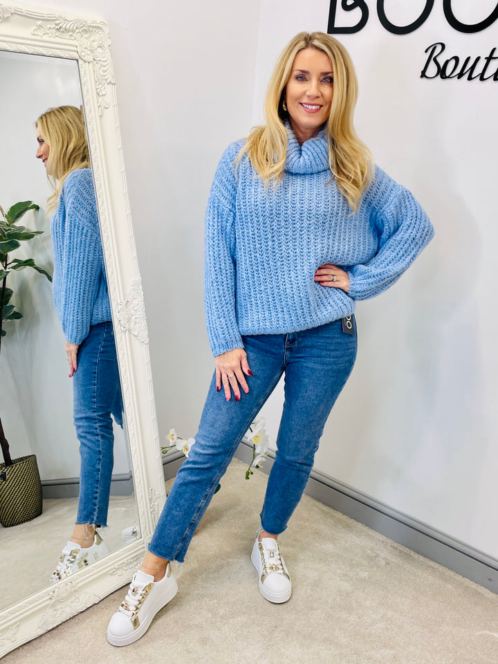 LADIES WOMENS BLUE CHUNKY KNIT JUMPER SWEATER