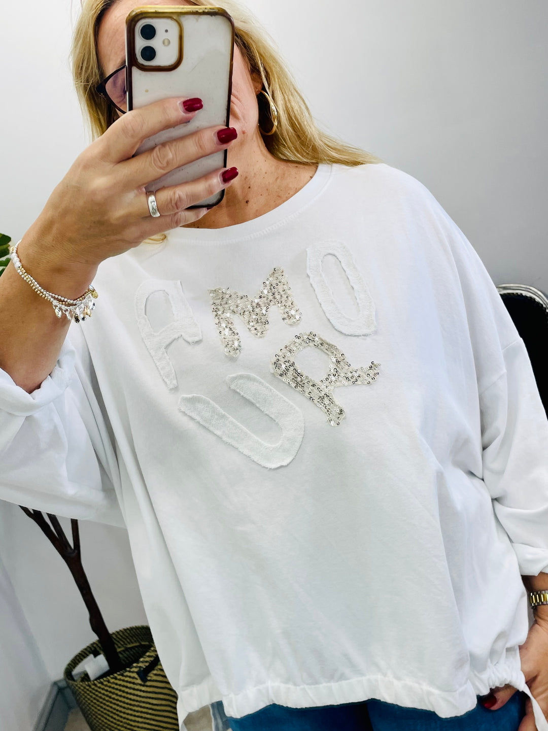 LADIES WOMENS WHITE AMOUR SWEATSHIRT TOP