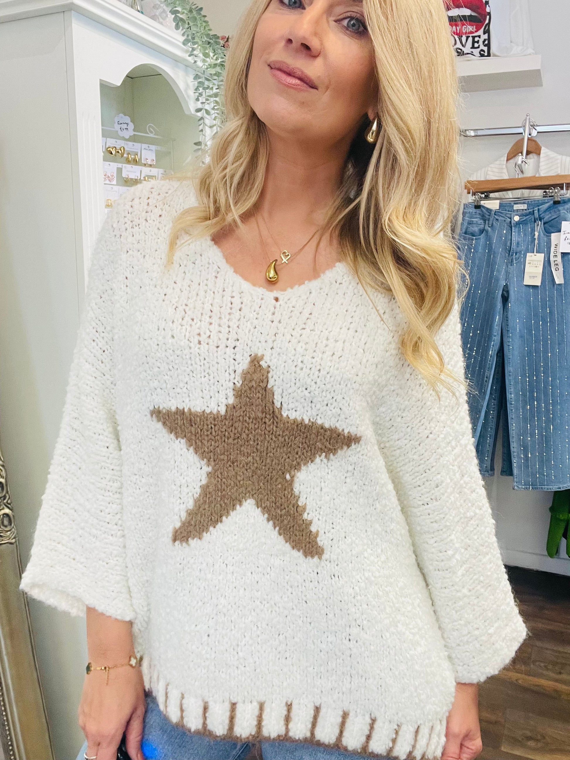 LADIES WOMENS POPCORN KNIT CREAM STAR JUMPER SWEATER