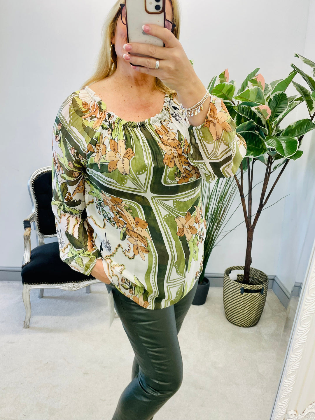 LADIES WOMENS KHAKI FLORAL PRINT SILKY FLOATY BARDOT TOP