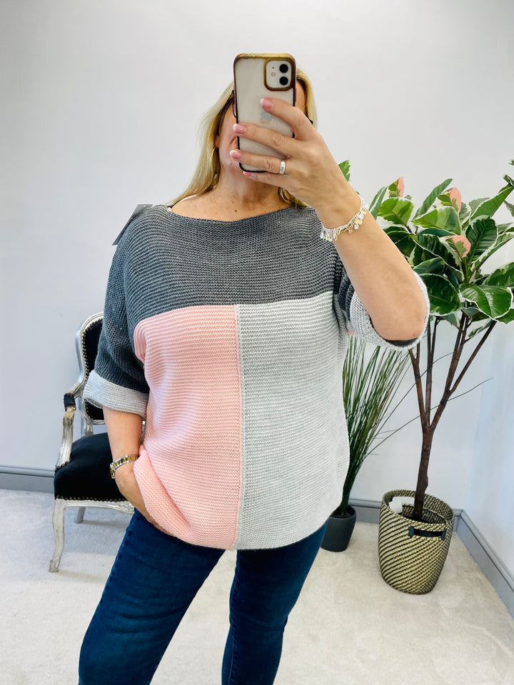 LADIES WOMENS PINK GREY COLOUR BLOCK THICK KNIT JUMPER SWEATER