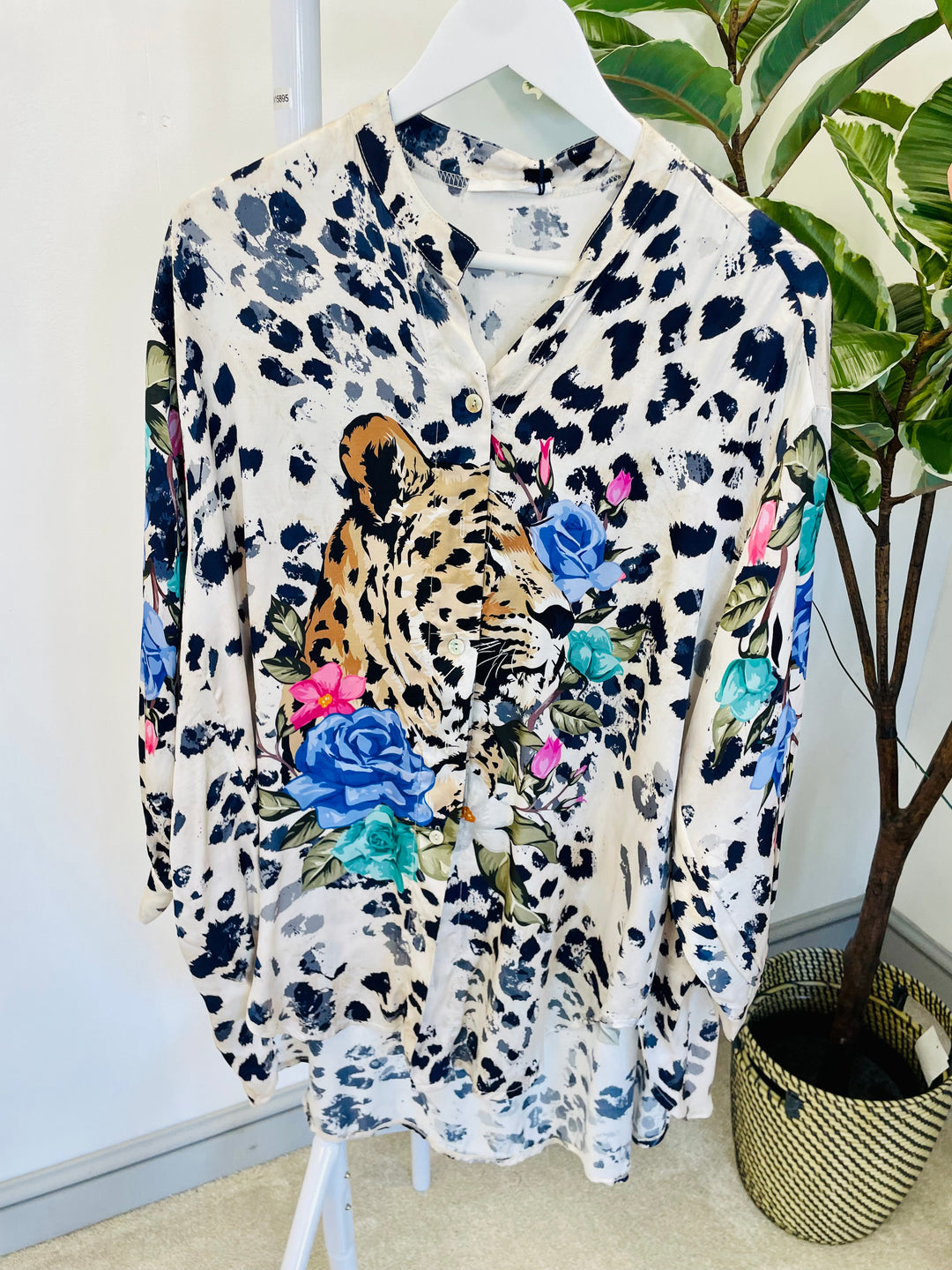 LADIES WOMENS NAVY TIGER ANIMAL PRINT SATIN SHIRT BLOUSE