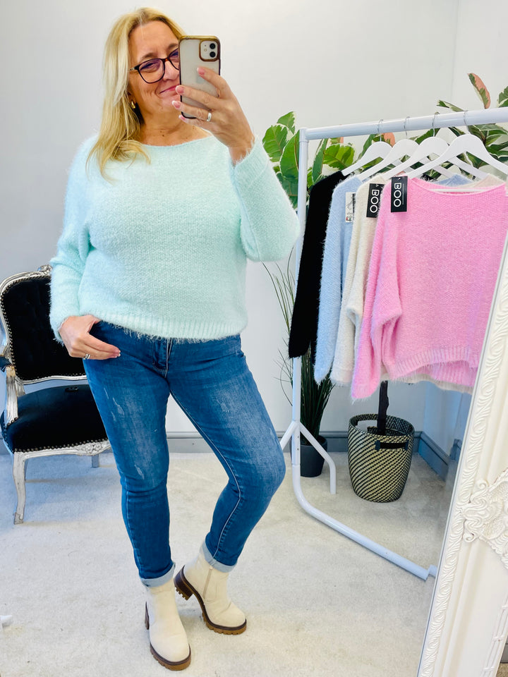 LADIES WOMENS MINT GREEN SOFT FLUFFY COSY JUMPER SWEATER