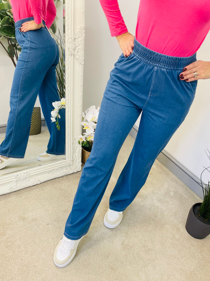 The PEONY light denim wide leg joggy trousers