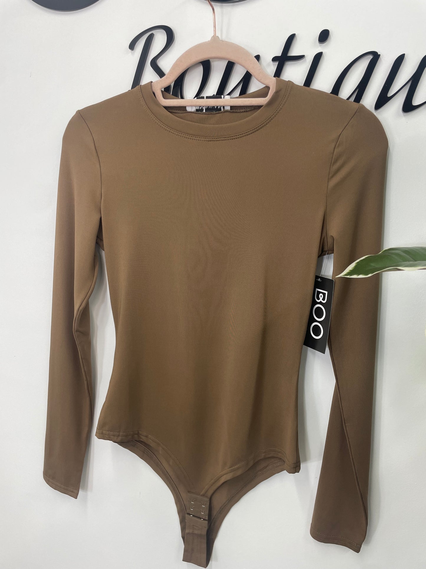 LADIES WOMENS DARK BEIGE LONG SLEEVE FASHION STRETCH BODYSUIT 