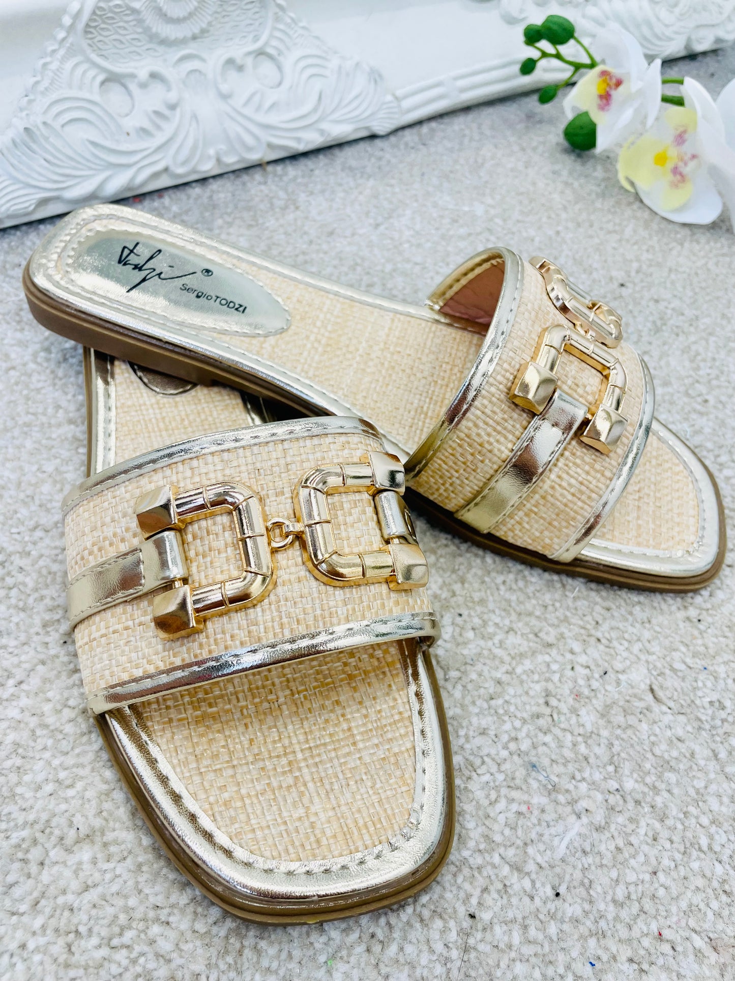 GOLD HESSIAN LOOK SLIDER SANDALS ( F401 ) - 3 colours