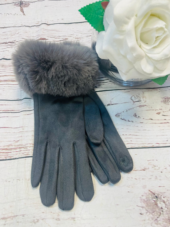 LADIES WOMENS CHARCOAL GREYFAUX SUEDE AND FAUX FUR TRIM GLOVES