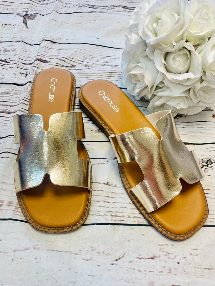 LADIES WOMENS SILVER FLAT H INSPIRED SLIDER SANDALS