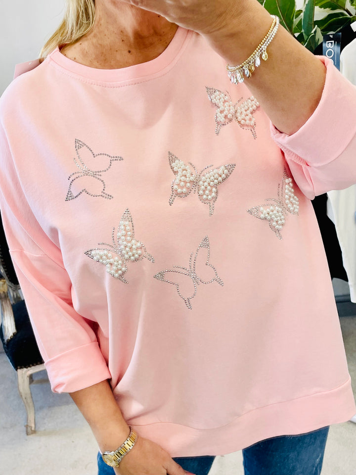 LADIES WOMENS PINK PEARL & DIAMANTE BUTTERLY SWEATSHIRT TOP