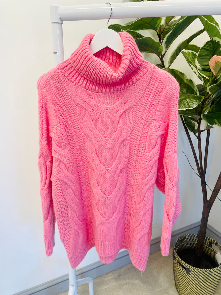 LADIES WOMENS PINK CHUNKY CABLE KNIT JUMPER SWEATER