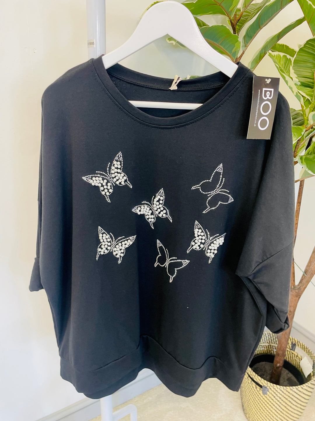 LADIES WOMENS BLACK PEARL & DIAMANTE BUTTERLY SWEATSHIRT TOP