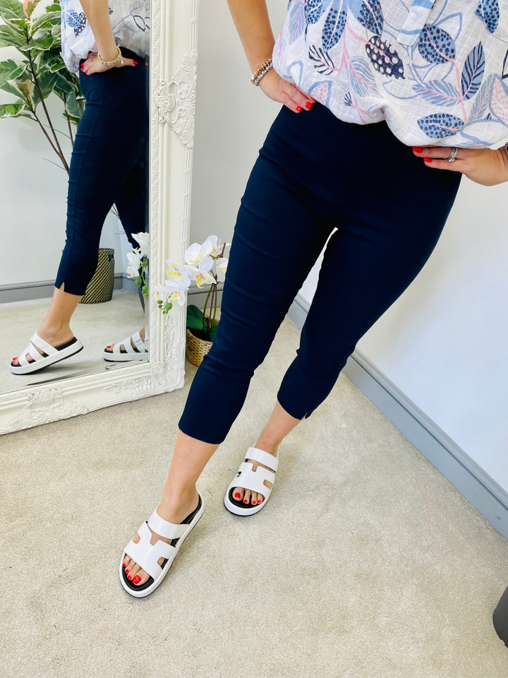 The RACHEL navy Capri trousers