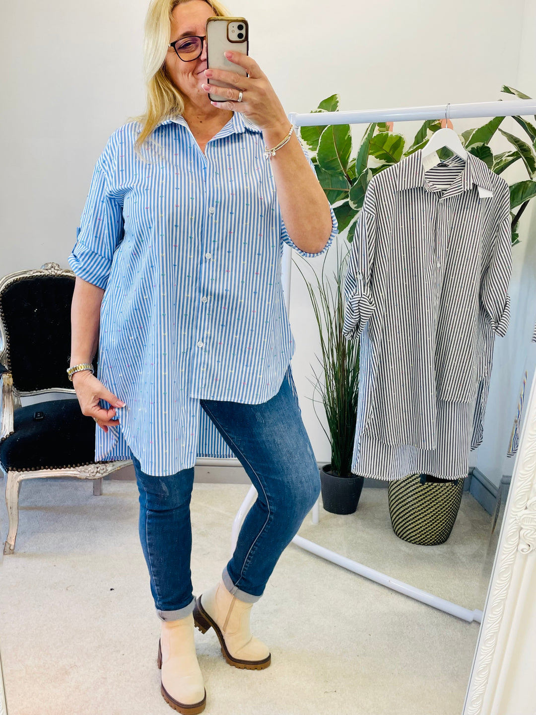 LADIES WOMENS BLUE PINSTRIPE OVERSIZE SHIRT BLOUSE