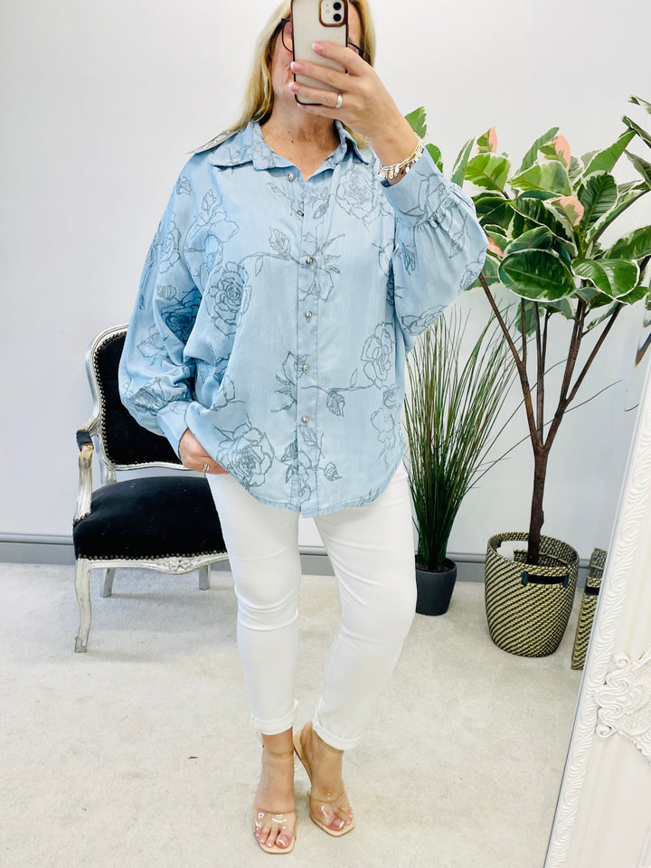 Ladies womens chambray denim sparkly blouse shirt