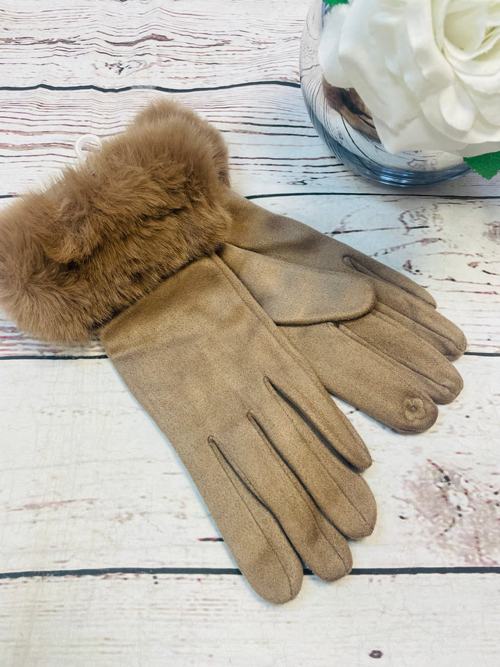 LADIES WOMENS BEIGE FAUX SUEDE AND FAUX FUR TRIM GLOVES