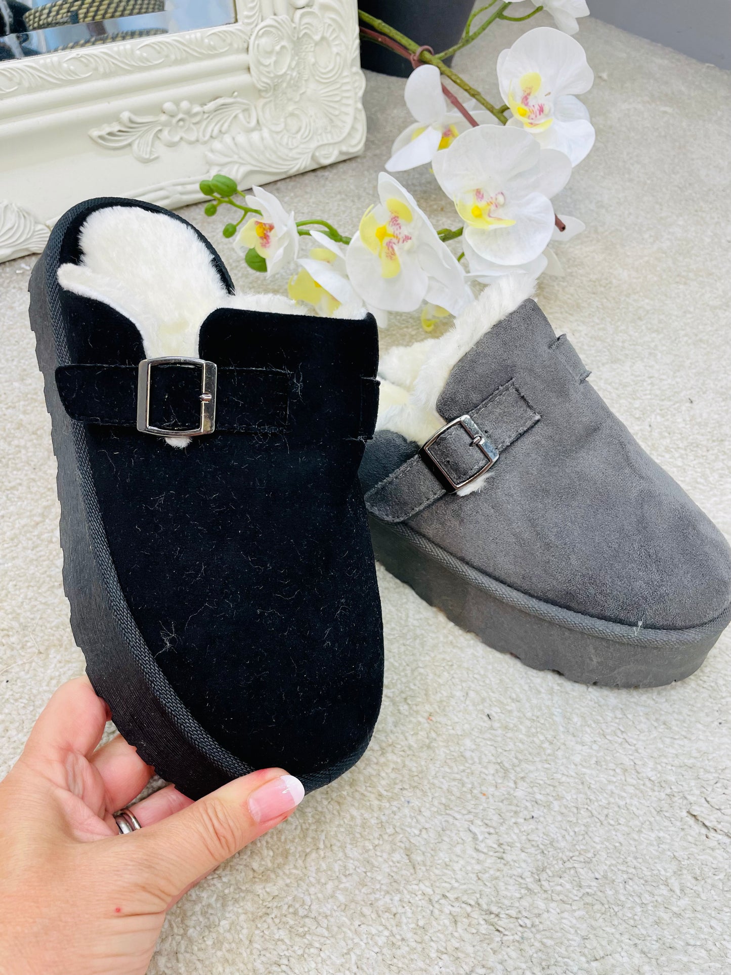 DARK GREY FAUX SUEDE PLATFORM SLIPPER SHOE ( SF06 )