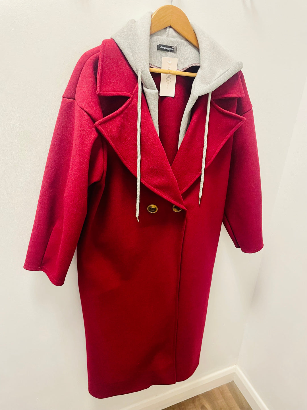 LADIES WOMENS BURGUNDY HOODIE DUSTER COAT