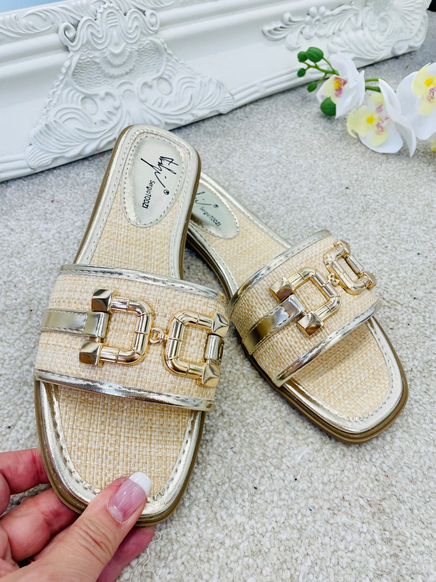 GOLD HESSIAN LOOK SLIDER SANDALS ( F401 ) - 3 colours