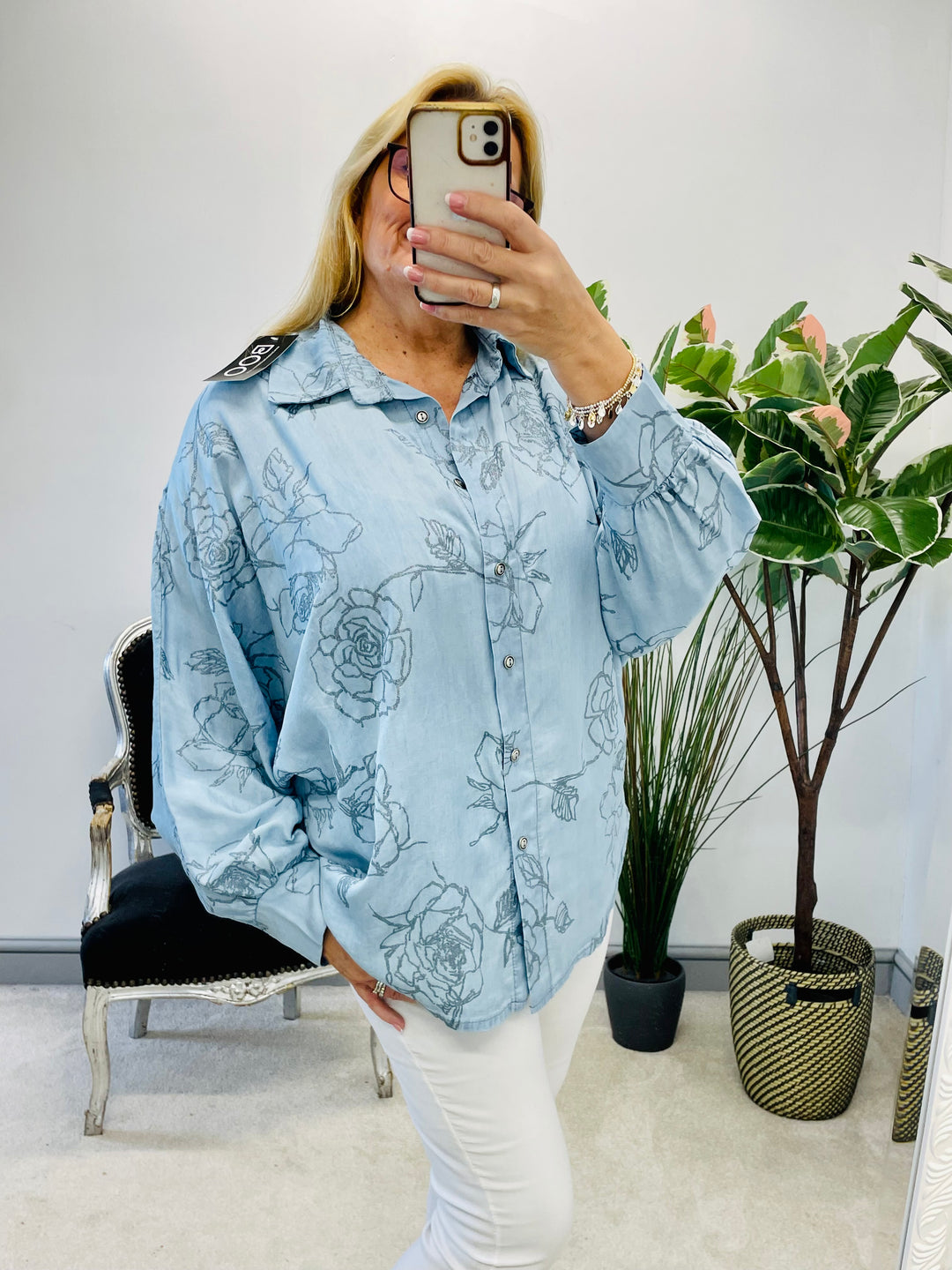 Ladies womens chambray denim sparkly blouse shirt