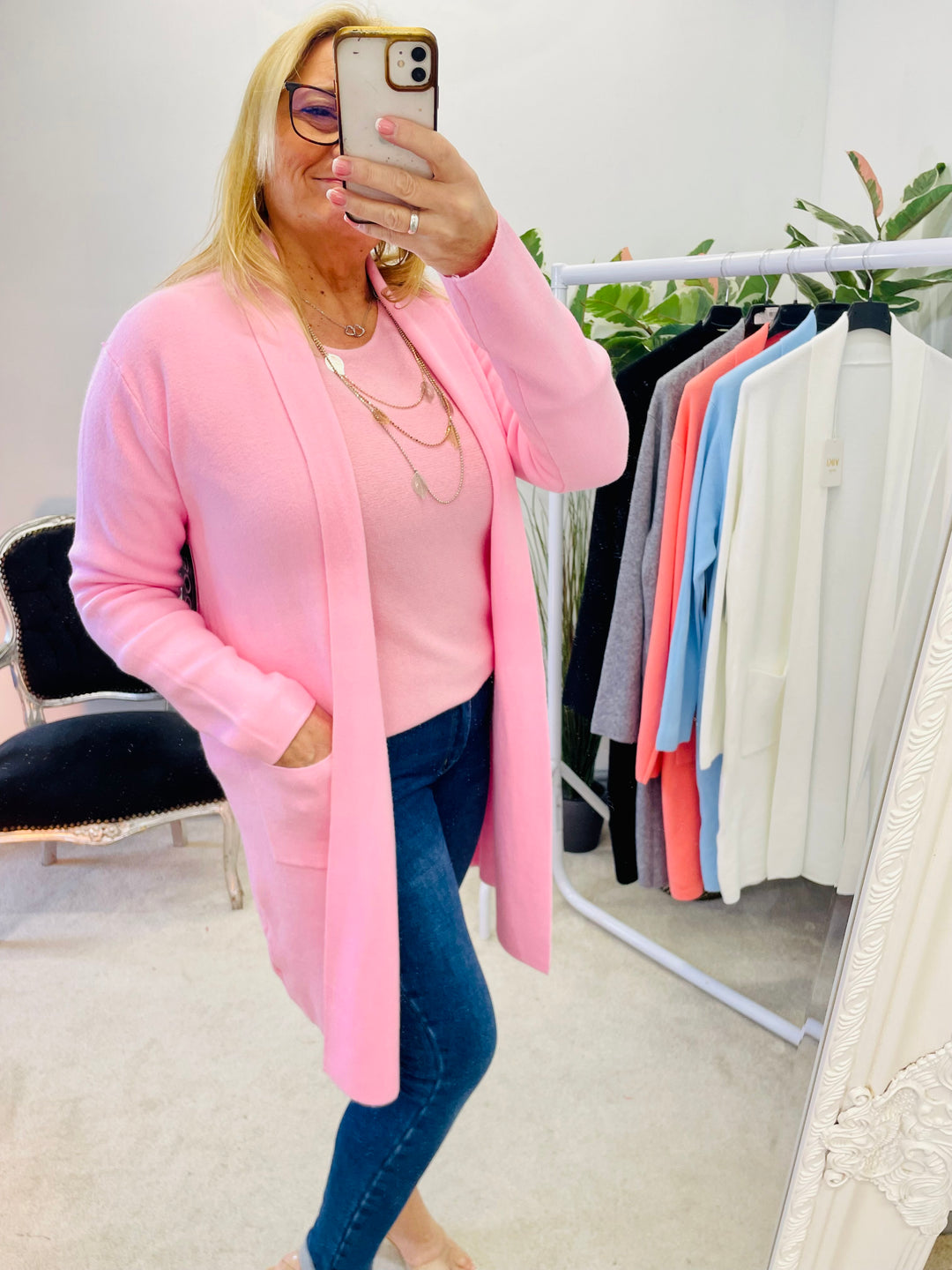 LADIES WOMENS PINK LONGLINE SOFT KNIT SPRING CARDIGAN