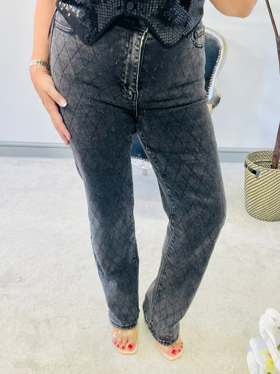 The FLEUR diamanté charcoal jeans - size 8 only