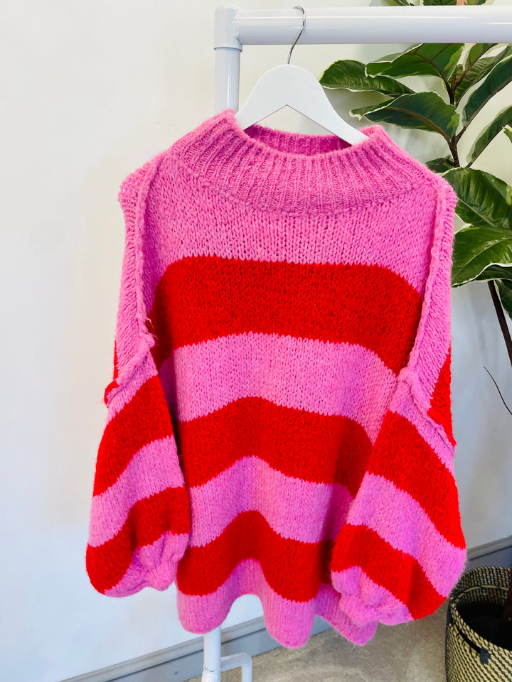 CHUNKY KNIT PINK AND RED STRIPE OVERSIZE JUMPER