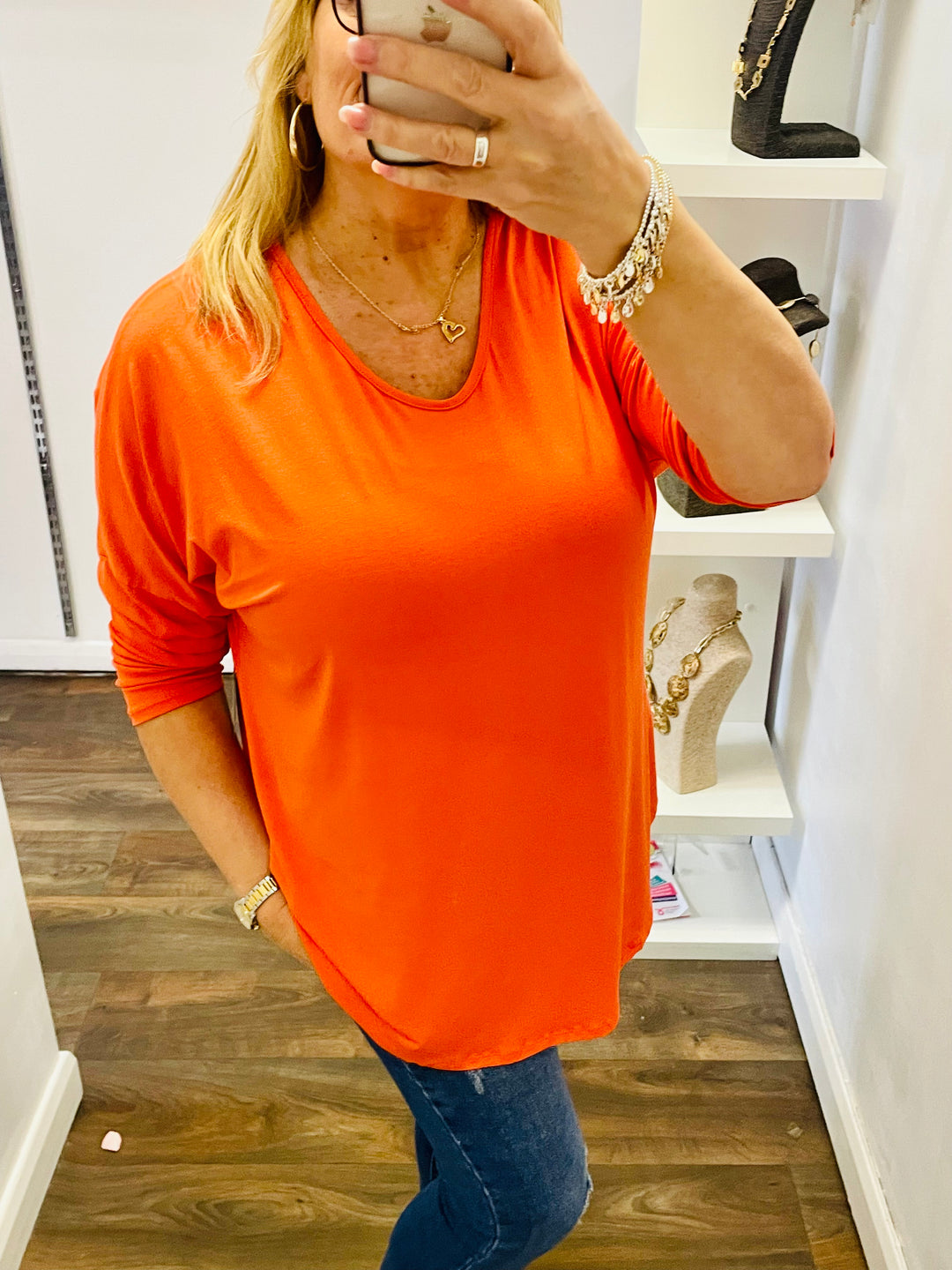 LADIES WOMENS ORANGE LONG SLEEVE V NECK JERSEY LOOSE FIT TOP