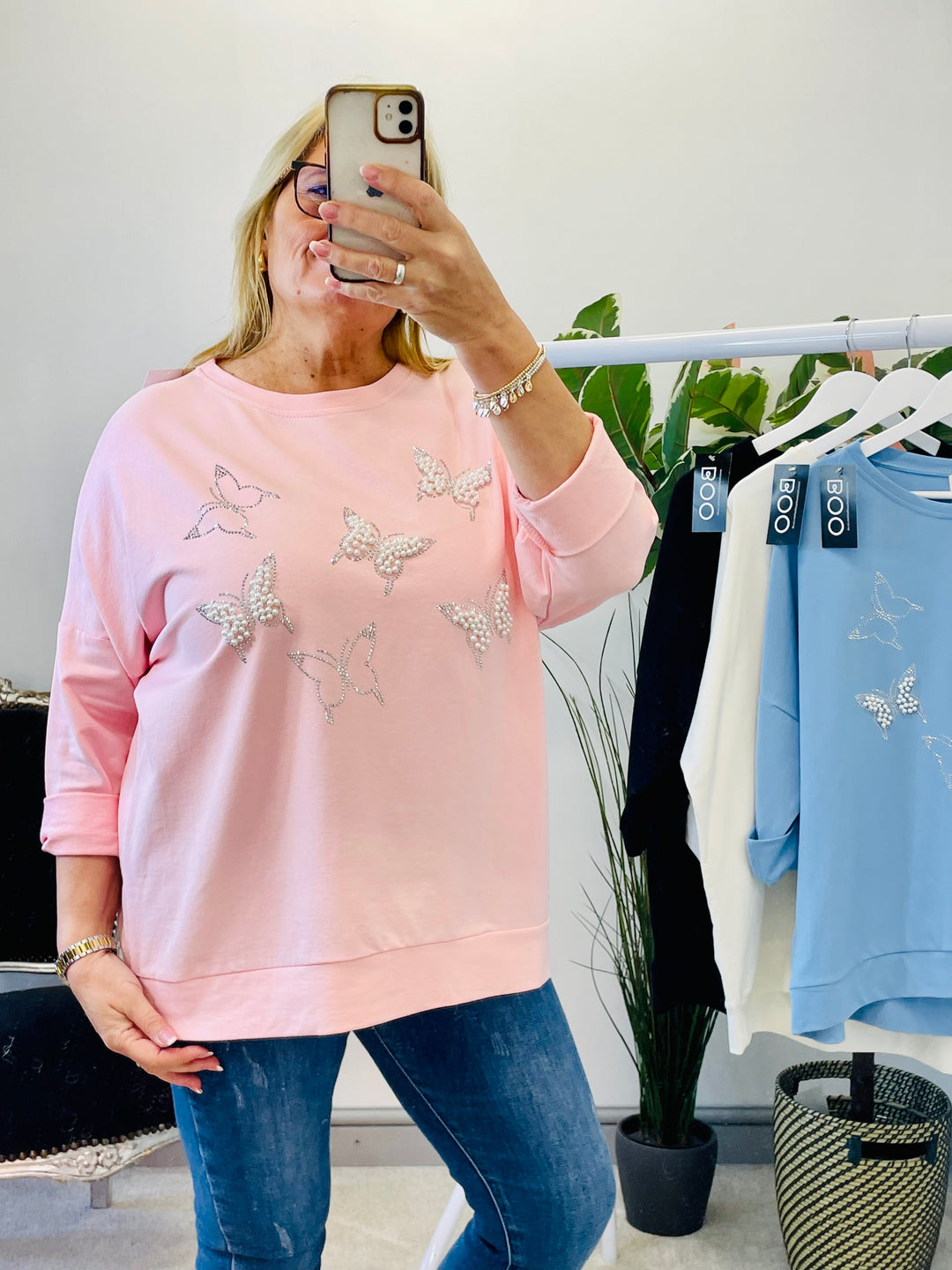 LADIES WOMENS PINK PEARL & DIAMANTE BUTTERLY SWEATSHIRT TOP